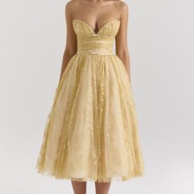 Madame Gold Metallic Lace Tulle Midi Gown - Image 5