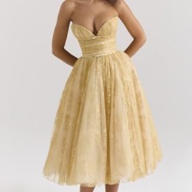 Madame Gold Metallic Lace Tulle Midi Gown - Image 7