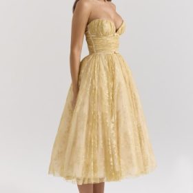 Madame Gold Metallic Lace Tulle Midi Gown - Image 8