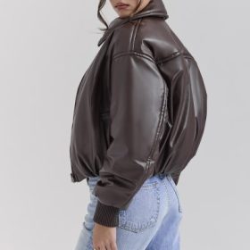 Sante Dark Brown Vegan Leather Bomber Jacket - Image 2
