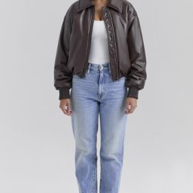 Sante Dark Brown Vegan Leather Bomber Jacket - Image 8