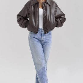Sante Dark Brown Vegan Leather Bomber Jacket - Image 9