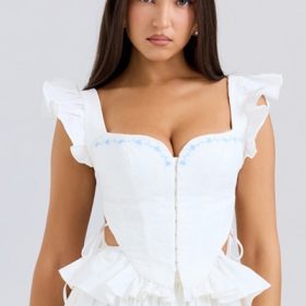 Lilibet White Embroidered Cotton Peplum Corset Top - Image 5