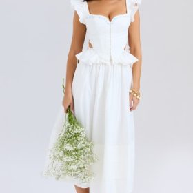 Lilibet White Embroidered Cotton Peplum Corset Top - Image 7