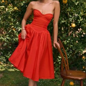 Elizabeth Italian Tomato Strapless Midi Sundress - Image 5