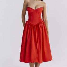 Elizabeth Italian Tomato Strapless Midi Sundress - Image 6