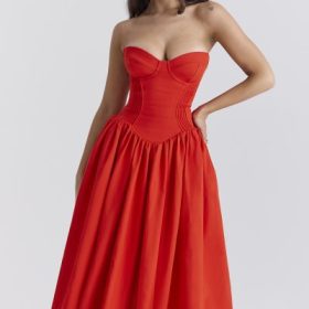 Elizabeth Italian Tomato Strapless Midi Sundress - Image 8
