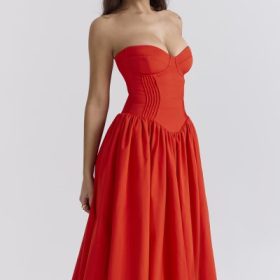 Elizabeth Italian Tomato Strapless Midi Sundress - Image 10