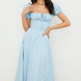 Tallulah Blue Ivory Floral Puff Sleeve Midi Dress - Image 7