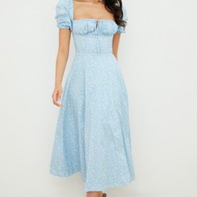 Tallulah Blue Ivory Floral Puff Sleeve Midi Dress - Image 8