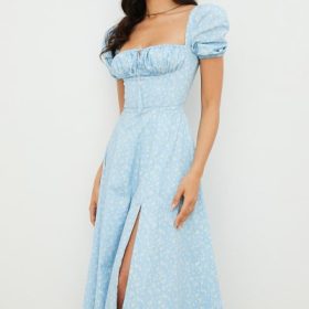 Tallulah Blue Ivory Floral Puff Sleeve Midi Dress - Image 10