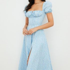 Tallulah Blue Ivory Floral Puff Sleeve Midi Dress - Image 11