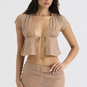 Maia Shimmer Cafe Au Lait Tie Front Top - Image 5