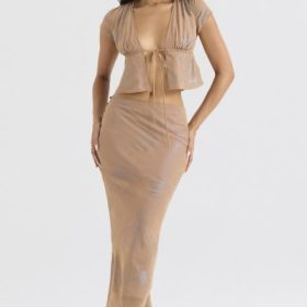 Maia Shimmer Cafe Au Lait Tie Front Top - Image 6