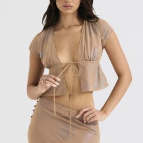Maia Shimmer Cafe Au Lait Tie Front Top - Image 8