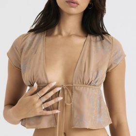Maia Shimmer Cafe Au Lait Tie Front Top - Image 10