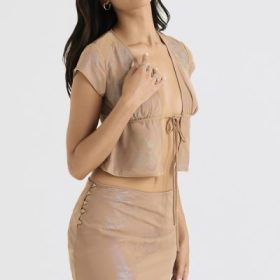 Maia Shimmer Cafe Au Lait Tie Front Top - Image 11