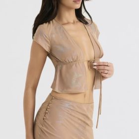 Maia Shimmer Cafe Au Lait Tie Front Top - Image 12