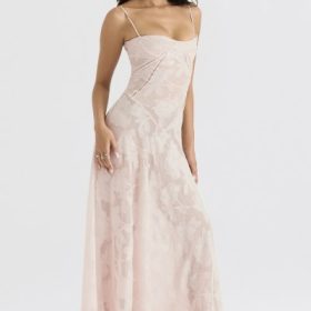 Seren Soft Pink Floral Lace Back Maxi Dress - Image 11
