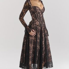 Raquel Black Lace Corset Midi Dress