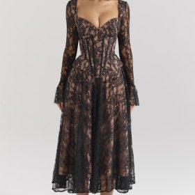 Raquel Black Lace Corset Midi Dress - Image 5