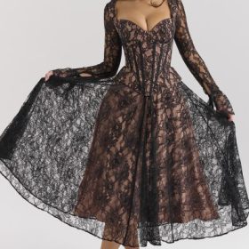 Raquel Black Lace Corset Midi Dress - Image 7