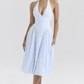 Arietta Bluebell Floral Jacquard Halter Midi Dress - Image 5