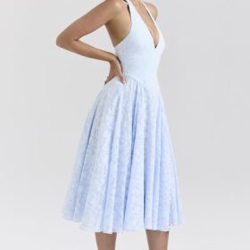 Arietta Bluebell Floral Jacquard Halter Midi Dress - Image 6