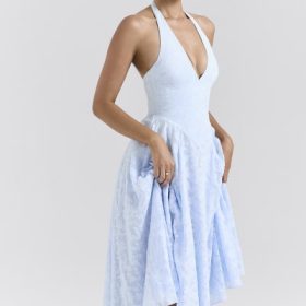 Arietta Bluebell Floral Jacquard Halter Midi Dress - Image 7