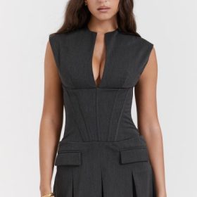Eleanor Charcoal Pleated Corset Dress - Image 10