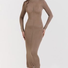Roberta Tan Knit Midi Dress - Image 7