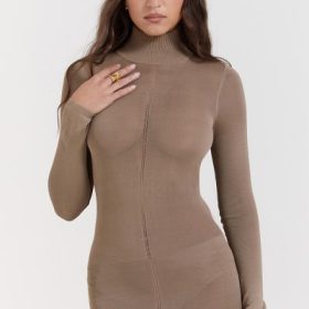 Roberta Tan Knit Midi Dress - Image 10