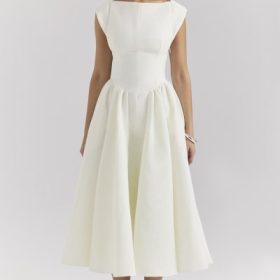 Debutante Ivory Moire Satin Midi Dress - Image 7