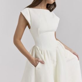 Debutante Ivory Moire Satin Midi Dress - Image 9