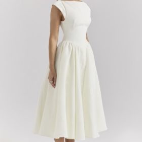 Debutante Ivory Moire Satin Midi Dress - Image 10