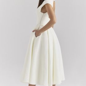 Debutante Ivory Moire Satin Midi Dress - Image 11