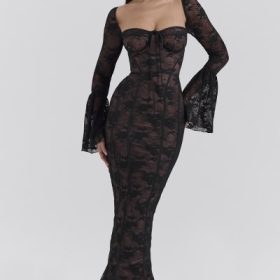 Delilah Black Long Sleeve Lace Maxi Dress - Image 5
