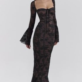 Delilah Black Long Sleeve Lace Maxi Dress - Image 7