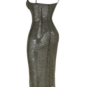 Isla Olive Lace Midi Dress - Image 3