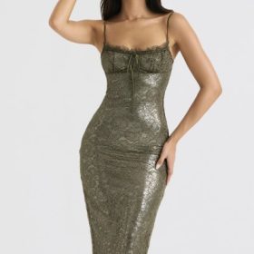 Isla Olive Lace Midi Dress - Image 5