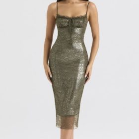 Isla Olive Lace Midi Dress - Image 7