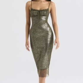 Isla Olive Lace Midi Dress - Image 8