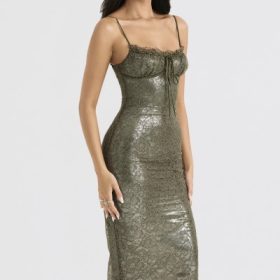Isla Olive Lace Midi Dress - Image 10