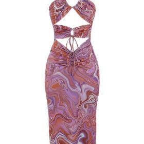 Kasia Purple Swirl Cutout Midi Dress - Image 2