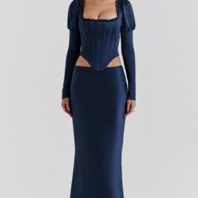 Charlene Navy Satin Bias Cut Maxi Skirt - Image 5