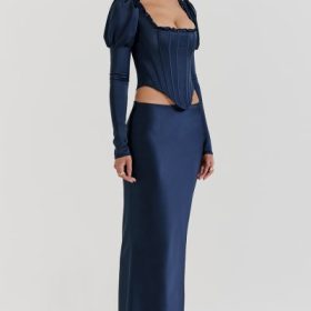 Charlene Navy Satin Bias Cut Maxi Skirt - Image 9