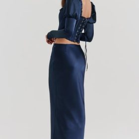 Charlene Navy Satin Bias Cut Maxi Skirt - Image 11
