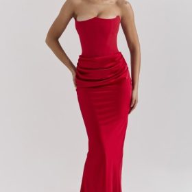 Persephone Scarlet Strapless Corset Maxi Dress - Image 5