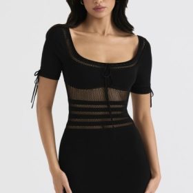 Lilla Black Openwork Knit Midi Dress - Image 9
