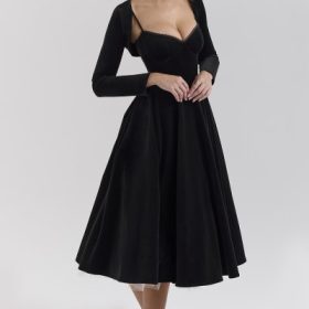 Mademoiselle Black Velvet Tulle Midi Dress + Bolero - Image 9